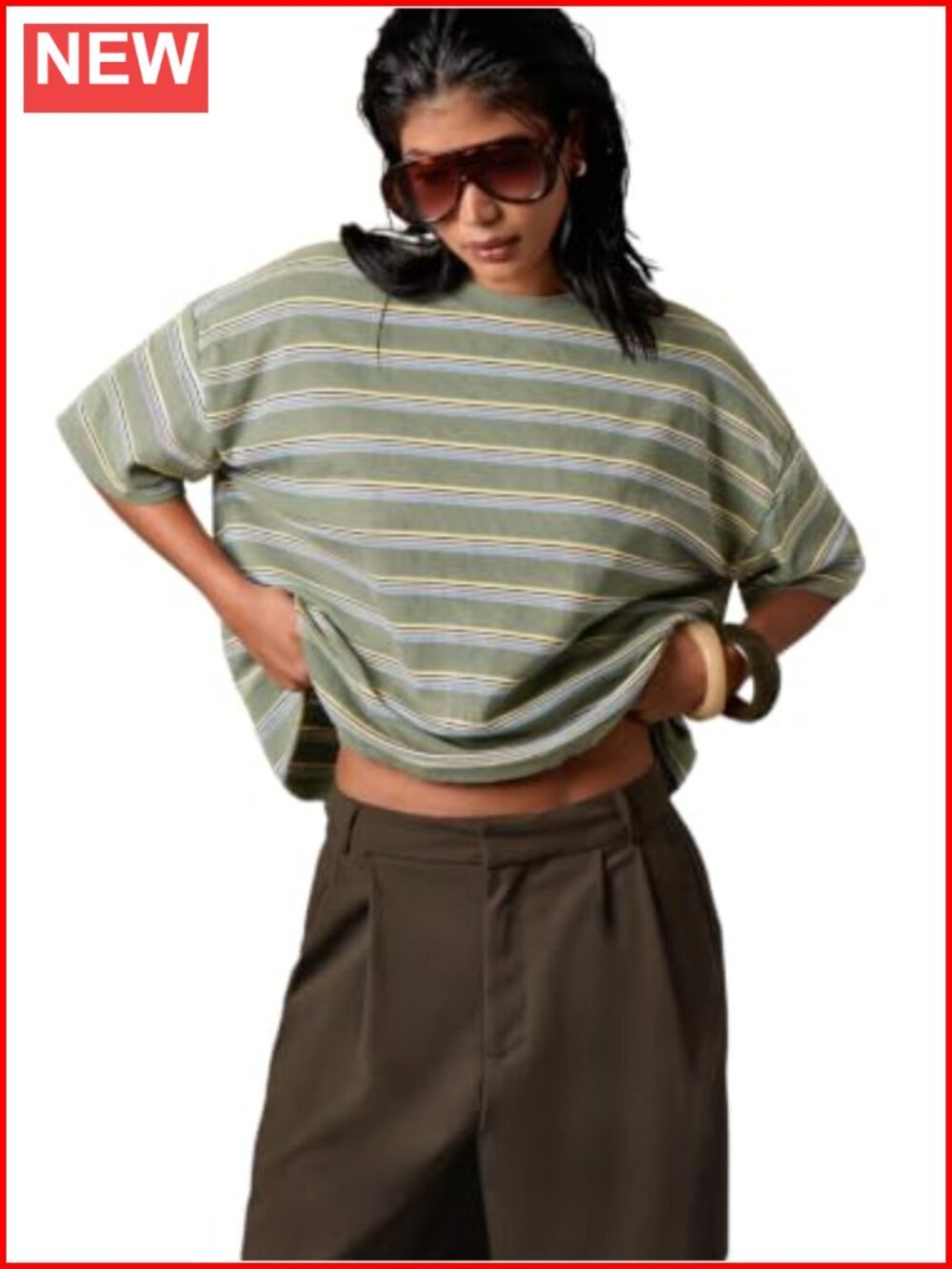 Women's Oversized Striped Ribbed Knit Short Sleeve Crew Neck T-Shirt